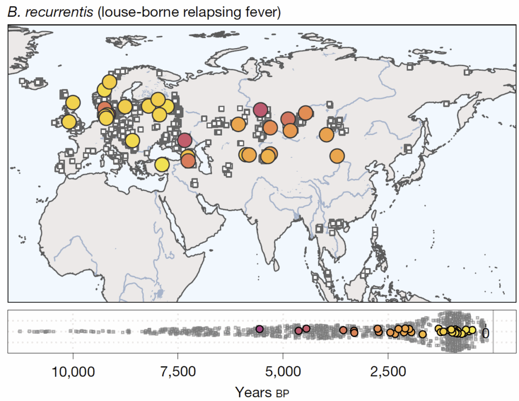Geospatial map of cases of louse-borne relapsing fever over the period 10,000 to 0 BP